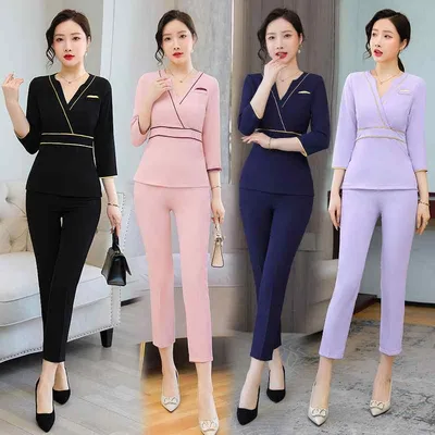 ユニフォーム 美容 エステ マッサージ 施術者 サロン ワークウェア 制服 トップス パンツ ストレッチ 伸縮性 七分袖 クロップドパンツ アンクル丈 快適