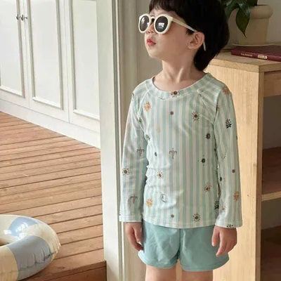 ラッシュガード 男の子 長袖 UVカット 速乾 セパレート ポリエステル ストライプ柄 子供 ビーチ 海遊び 夏 アウトドア 学童 おしゃれ ベビー