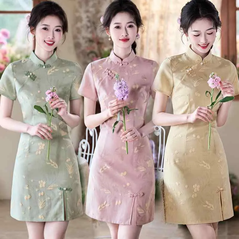 チャイナドレス レディース ショート丈 改良 レトロ 半袖 小柄対応 夏 綿麻 ポリエステル スタンドカラー ジッパー プリント イエロー ピンク グリーン