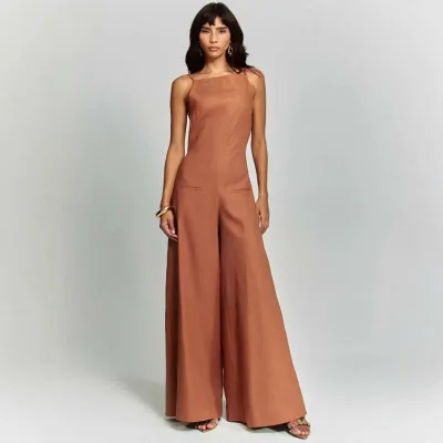 All-in-one Women's High Waist Wide Leg Long Pants Sleeveless Sexy Spring/Summer Pocket Polyester Stretch Medium Thick Non-Iron Red White Brown Casual Daily Use