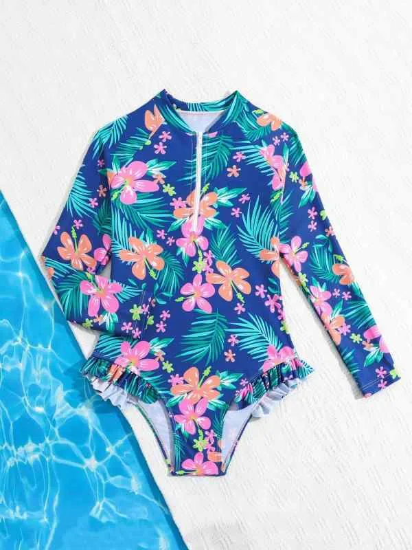 水着 女の子 キッズ 連体 長袖 スイムウェア オールインワン 花柄 プリント 高弾性 速乾 ビーチ プール スイミング ジュニア おしゃれ