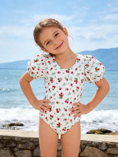 水着 女の子 キッズ 子供 ジュニア ワンピース 連体 温泉 ビーチ スイムウェア パフスリーブ かわいい 半袖 プール アウトドア レジャー