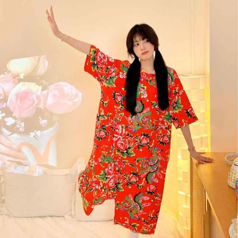 ルームウェア レディース 春夏秋 7分丈 3分袖 花柄 レトロ オールインワン パジャマ かわいい 個性的 部屋着 コットンの風合い 快適