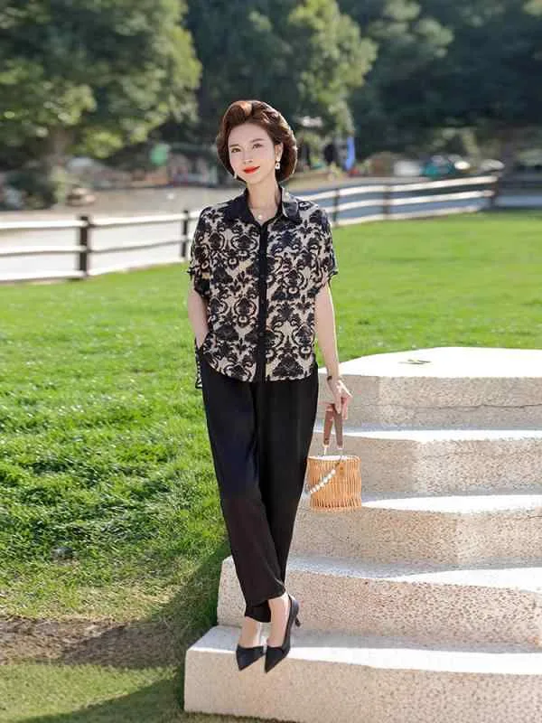 セットアップ レディース 半袖 シャツ 九分丈 パンツ 2点セット 花柄 トップス 接触冷感 薄手 ゆったり 体型カバー 着やせ カジュアル きれいめ 夏 緑 灰