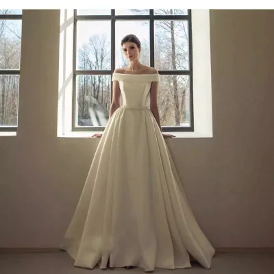 ウェディングドレス レディース A字 オフショルダー サテン スリム Aライン ロングドレス トレーン付き チャペル 結婚式 花嫁ドレス 二次会 披露宴