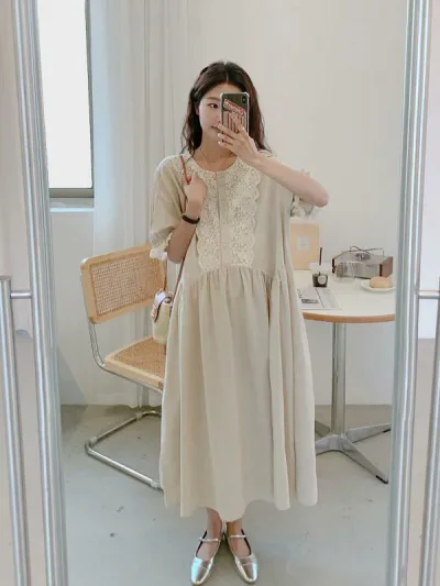 ワンピース レディース マタニティ 半袖 春夏 コットン 膝丈 ゆったり 大きいサイズ 高めウエスト Aライン 部屋着