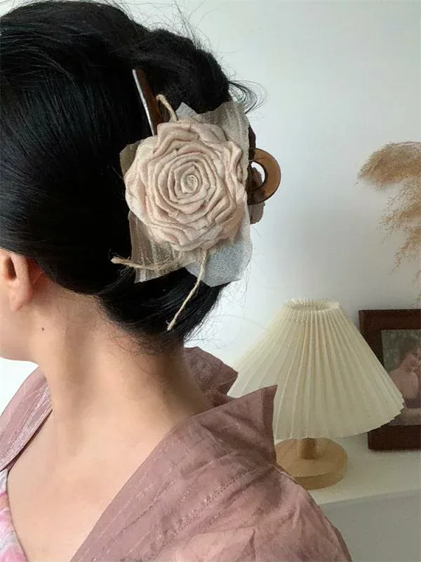 ヘアクリップ レディース バラ 花 モチーフ レトロ くすみローズ 布製 髪留め 髪飾り まとめ髪 ハーフアップ ヘアアクセサリー 上品 高級感