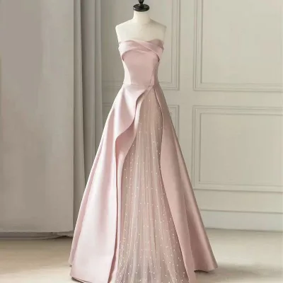 ワンピース レディース Aライン ロングドレス ロング丈 ビスチェ ベアトップ ノースリーブ ピンク お呼ばれ 結婚式 披露宴 二次会 パーティー 演奏会 ステージ衣装 謝恩会 フォーマル 綺麗め エレガント 高級感 レース バックシャン