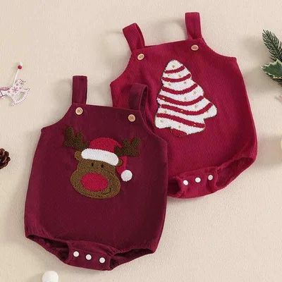 ロンパース ベビー 男の子 女の子 カバーオール コーデュロイ サロペット クリスマス 刺繍 ノースリーブ 前開き 秋冬 かわいい 出産祝い 新生児 赤ちゃん 部屋着