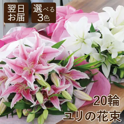 敬老の日【最短 翌日お届け 12時まで】ユリの花束 お花 20輪以上(ピンク・白・ミックス色が選べる) フラワーギフト 誕生日 花 プレゼント 生花 男性 女性 百合 ユリ 結婚記念日 お祝い 妻へ プレゼント 花 大輪 お供え 御供 花 ゆり 供花 エーデルワイス お彼岸