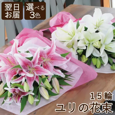 敬老の日【最短 翌日お届け 12時まで】ユリの花束 15輪以上 (ピンク・白・ミックス色が選べる) フラワーギフト 誕生日 花 プレゼント 生花 男性 女性 百合 ユリ 結婚記念日 お祝い 妻へ プレゼント 花 大輪 お供え 御供 花 ゆり 供花 エーデルワイス お彼岸