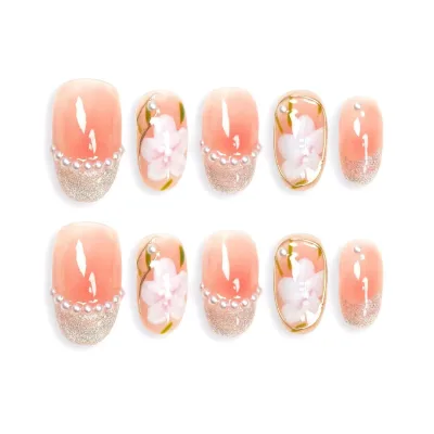 Sun&Beam Nails 手作り ネイルチップ ミディアム オーバル 人気 3d マグネット デザイン ピンク パール 椿 ファッション 可愛い 和柄 収納ボックス付き 10枚入 (#01 木槿・ピンク · S)