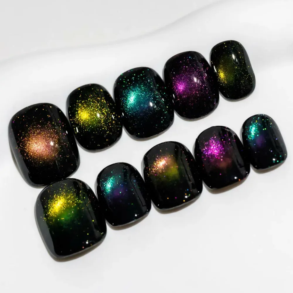 Sun&Beam Nails 手作り ネイルチップ ショート ラウンド つけ爪 黒 カラフル キャットアイ 人気 おしゃれ 可愛い 付け爪 10枚入 (#91 L)