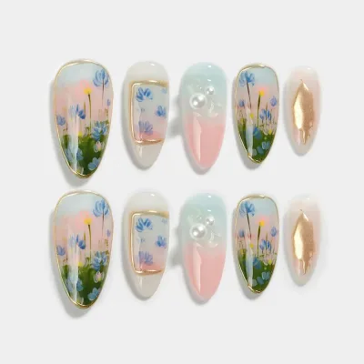 Sun&Beam Nails 手作り ネイルチップ ミディアム ロング アーモンド ホワイト ゴールド グリーン カラフル つけ爪 手描き デザイン おしゃれ 付け爪 10枚入 (#017 M)