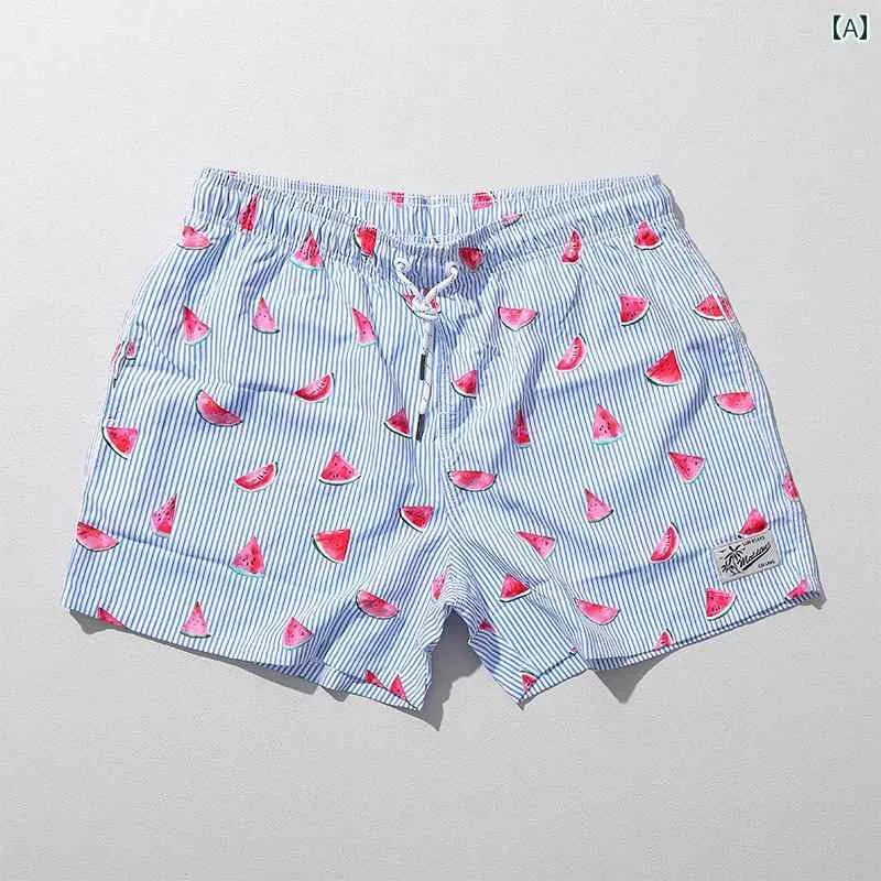 ビーチパンツ 海パン 短パン ストライプ 水着 メンズ 夏 スイカ プリント 海辺 サーフィン ゆったり 速乾 ショート パンツ スポーツ カジュアル