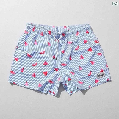 ビーチパンツ 海パン 短パン ストライプ 水着 メンズ 夏 スイカ プリント 海辺 サーフィン ゆったり 速乾 ショート パンツ スポーツ カジュアル