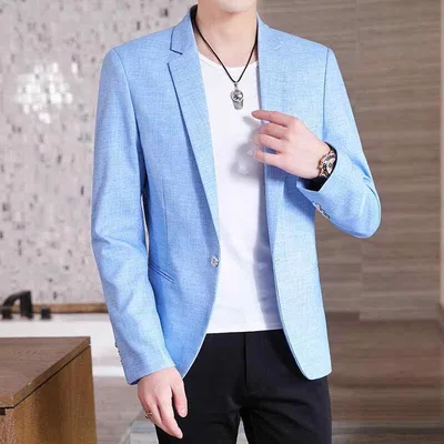 Jacket Men's Korean Style Casual Tailored Jacket Single Breasted One Button Straight Silhouette Tailored Collar Long Sleeve Polyester Ivory Gray Black Sky Blue
