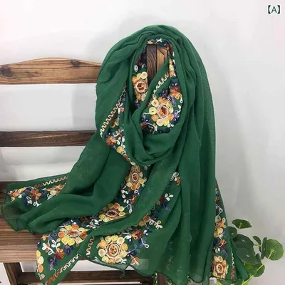ショール 女性用 民族風 レトロ 刺繍 綿麻 ストール スカーフ 大判 両用 旅行 お出かけ 普段使い 大人 無地 平織り