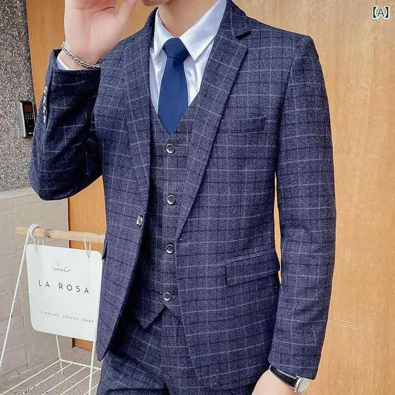 スーツ メンズ 男性用 チェック柄 スリーピース セットアップ ビジネス フォーマル 結婚式 通勤 パーティー 披露宴 礼服 春秋 スリム 細身 おしゃれ ファッション ジャケット ベスト スラックス 再生繊維混紡