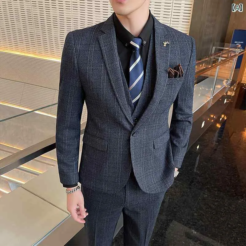 スーツ メンズ 秋冬 レトロ 格子柄 スリーピース ビジネス フォーマル セットアップ 通勤 オフィス パーティー 結婚式 セレモニー ウール混 厚手 暖かい ダークカラー スリムフィット シングルボタン