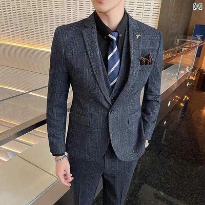 スーツ メンズ 秋冬 レトロ 格子柄 スリーピース ビジネス フォーマル セットアップ 通勤 オフィス パーティー 結婚式 セレモニー ウール混 厚手 暖かい ダークカラー スリムフィット シングルボタン