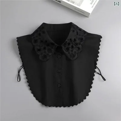 付け襟 レディース 女性用 レトロ ヴィンテージ シャツ襟 オーガンジー 刺繍 花柄レース 透かし フレンチスタイル ファッション小物 重ね着 レイヤード カジュアル フェミニン 上品 かわいい ブラック ホワイト コットン