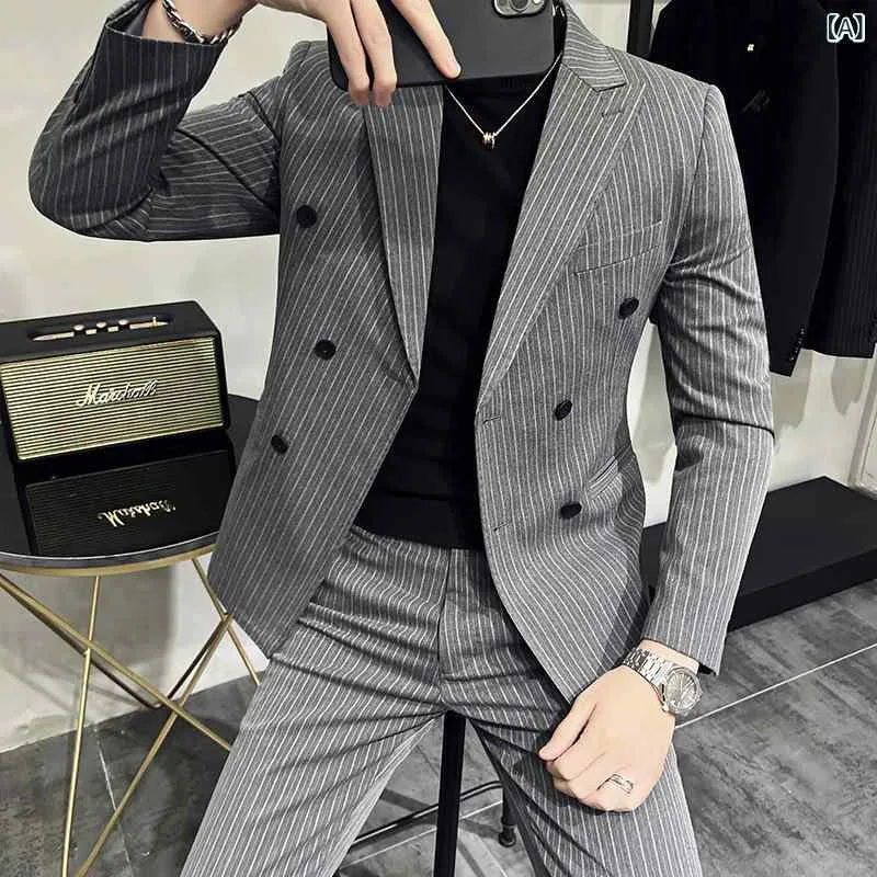 スーツ メンズ 男性用 ダブルブレスト ピークドラペル ストライプ柄 2点セット ジャケット スラックス フォーマル 礼服 結婚式 新郎 セレモニースーツ ビジネス オフィス 通勤 パーティー スリムフィット 細身 シワになりにくい ノーアイ