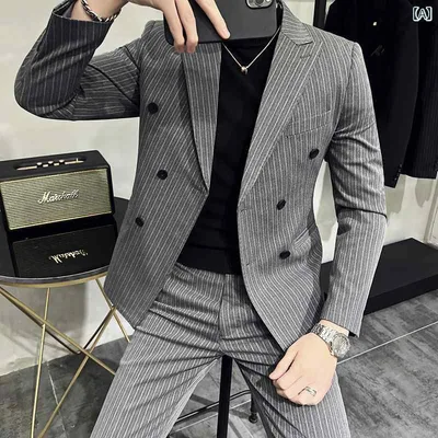 スーツ メンズ 男性用 ダブルブレスト ピークドラペル ストライプ柄 2点セット ジャケット スラックス フォーマル 礼服 結婚式 新郎 セレモニースーツ ビジネス オフィス 通勤 パーティー スリムフィット 細身 シワになりにくい ノーアイ