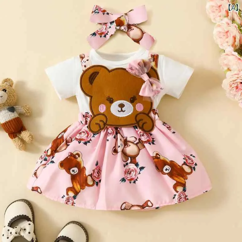 ワンピース 女児 ベビー 幼児向け かわいい クマ柄 半袖 リボン 花柄 フェイクサロペット風 ニット ポリエステル カジュアル Aライン 夏物 サマー 普段使い お出かけ着 ホワイト
