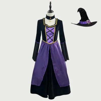 コスチューム レディース ハロウィン 魔女 魔法使い パープル 紫 ドレス ワンピース ベロア調 ポリエステル素材 仮装 衣装 イベント パーティー 舞台 発表会 コスプレ