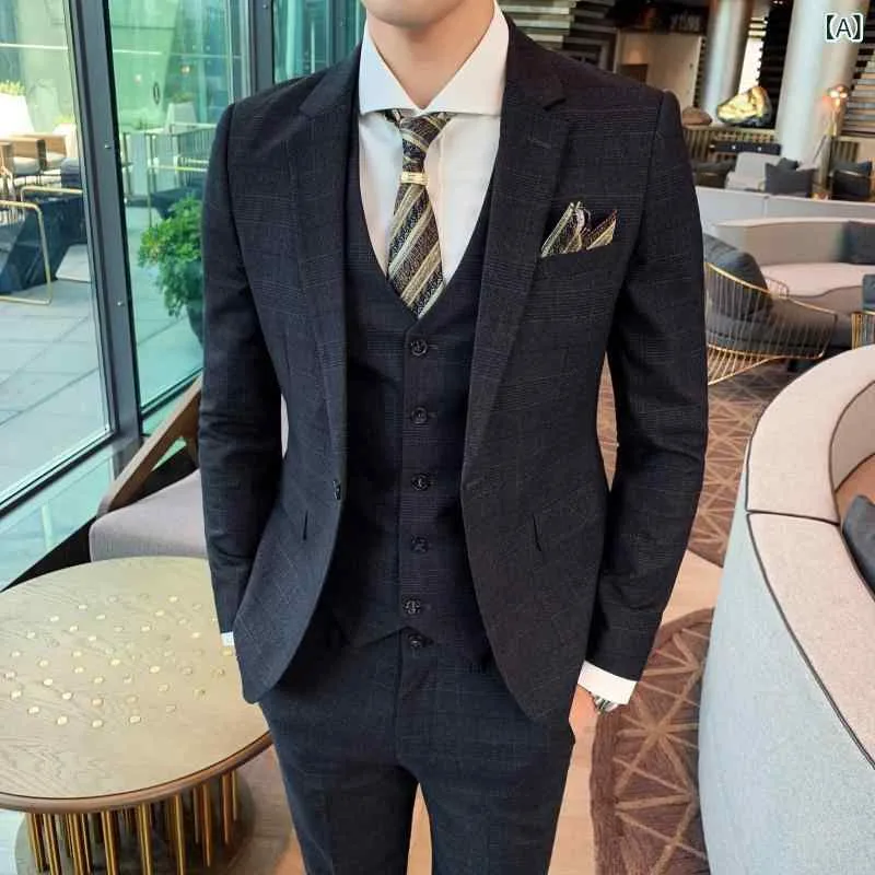 スーツ メンズ スリーピース 三点セット チェック柄 スリムフィット 細身 秋冬 結婚式 披露宴 新郎 ビジネス オフィス フォーマル 礼服 成人式 セレモニー