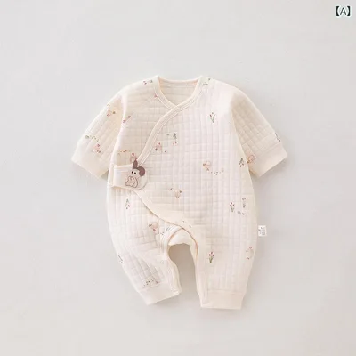 ロンパース 新生児 ベビー 綿 中綿入り あったか 厚手 縫い目なし 春秋冬 パジャマ ルームウェア カバーオール 前開き スナップボタン スワン 蝶々柄 ナチュラル