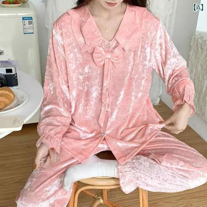 パジャマ レディース 女性用 ベロア ポリエステル 長袖 長ズボン 開襟 カーディガン セットアップ 上下セット 宮廷風 エレガント かわいい 厚手 暖かい ルームウェア 部屋着 ホームウェア 秋冬