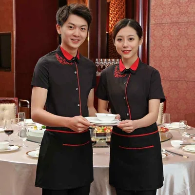 ユニフォーム レディース ホテル レストラン 飲食店 接客 ホールスタッフ 夏 半袖 吸湿速乾 綿混 ポリエステル 制服 エプロン 黒 赤 青