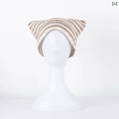 帽子 レディース ニット帽 小悪魔風デザイン 猫耳 かわいい ボーダー柄 手編み 防寒 保温 カジュアル 冬物 防風 柔らかい 素材感 おしゃれ 通勤 通学 暖かい 快適な被り心地 小物
