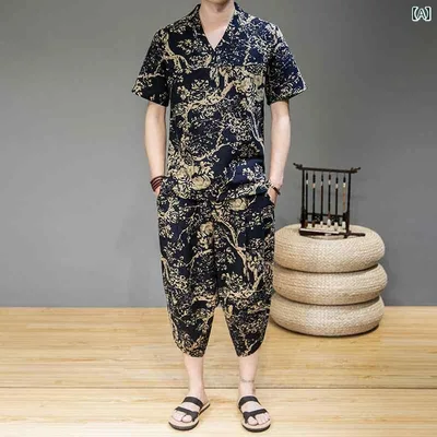 ツーピース メンズ 夏 カジュアル 半袖 トップス Tシャツ 七分丈 カプリ パンツ リネン コットン 混紡 薄手 ゆったり ビッグシルエット オーバーサイズ ルーズフィット 韓国風 普段使い