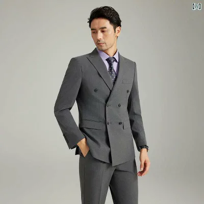 スーツ メンズ ダブルブレスト スリムフィット 大きいサイズ ピークラペル サイドスリット ポリエステル混紡 ミッドグレー 春秋 通勤 ビジネス 高級感