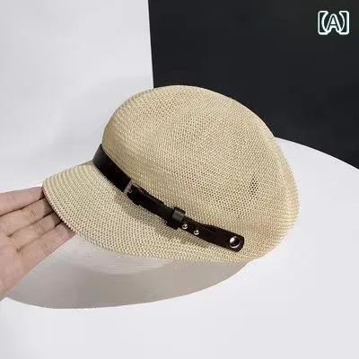 ベレー帽 レディース 春夏 八角 メッシュ 通気性 UVカット 日よけ ワイドブリム レザーベルト スパンコール 麦わら風 日系 かわいい ベージュ カーキ 黒