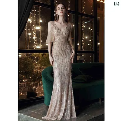 Evening Dress for Women Gold Black White Long Mermaid Deep V Neck Short Sleeve Lace Sequin Luxury Wedding Party Summer Polyester Elegant