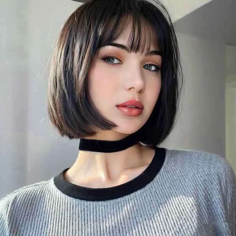 ウィッグ レディース フルウィッグ ナチュラル ショートストレート ぱっつん前髪 ふんわり 小顔効果 耐熱ファイバー マシンメイド パーマ アイロン可能 ブラック ダークブラウン ライトブラウン