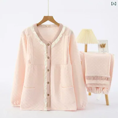 パジャマ レディース 長袖 前開き 授乳服 マタニティ ルームウェア 厚手 キルティング 綿 産前 産後 秋冬 防寒