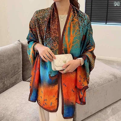 ショール レディース 春夏 大判 薄手 シルク調 鳥 樹木 シカ 接触冷感 軽量 おしゃれ 紫外線対策 日焼け防止 通勤 カジュアル