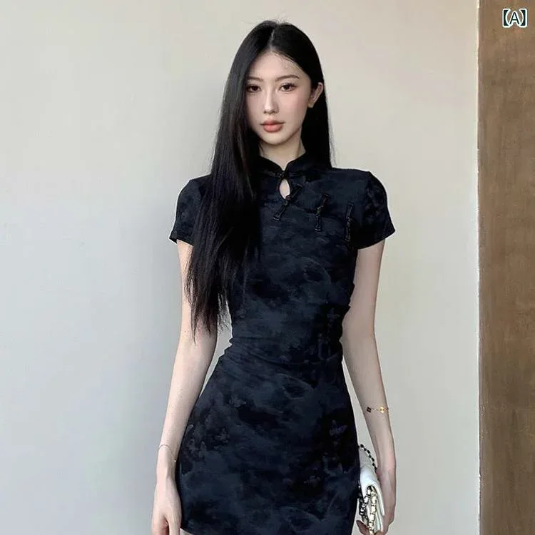 ワンピース レディース チャイナドレス チャイナ風 ミニ 春夏 バタフライ 蝶柄 バックファスナー 半袖 立体ボタン スリム 細見え Aライン カジュアル フェミニン レトロ ブラック