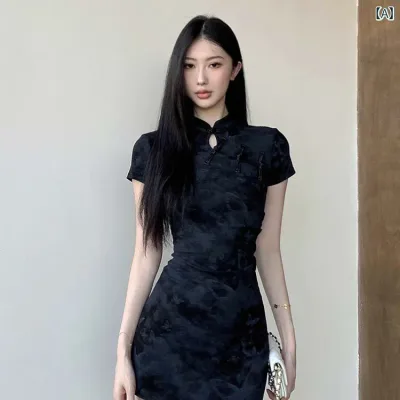 ワンピース レディース チャイナドレス チャイナ風 ミニ 春夏 バタフライ 蝶柄 バックファスナー 半袖 立体ボタン スリム 細見え Aライン カジュアル フェミニン レトロ ブラック