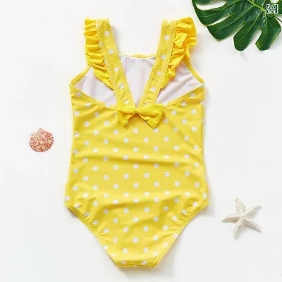 水着 女の子 キッズ ベビー ワンピ―ス ドット柄 水玉 肩フリル リボン フリル 黄色 かわいい スイムウェア 子供用 幼稚園 保育園 プール 海水浴