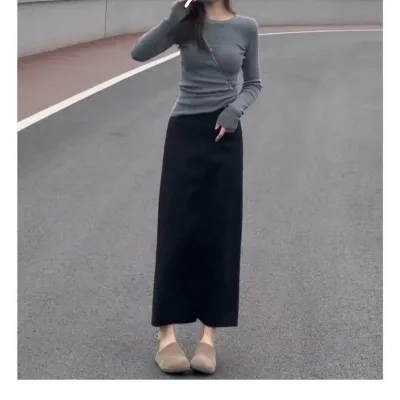 ニット セットアップ レディース タイトスカート 長袖 ラウンドネック トップス スリット入り ミモレ丈 カジュアル 通勤 きれいめ