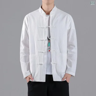 シャツ メンズ 長袖 リネンシャツ チャイナボタン 立立襟 チャイナ服 カジュアル 綿麻混 民族風 レトロ トップス 無地 薄手
