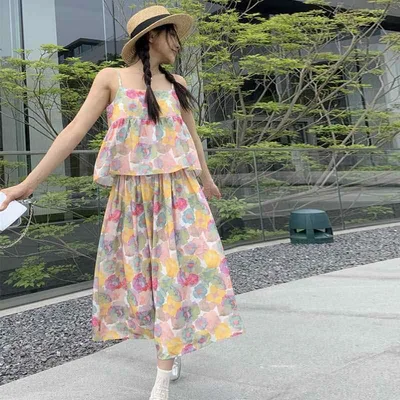 セットアップ レディース 春夏 ノースリーブ キャミソール 花柄 総柄 ミモレ丈 カジュアル リゾート 旅行