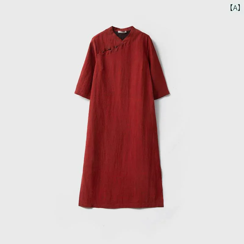 ワンピース レディース 春夏 チャイナドレス風 七分袖 ロング丈 A字 Aライン スタンドカラー 立ち襟 接触冷感 シルク調 高級感 レトロ 赤