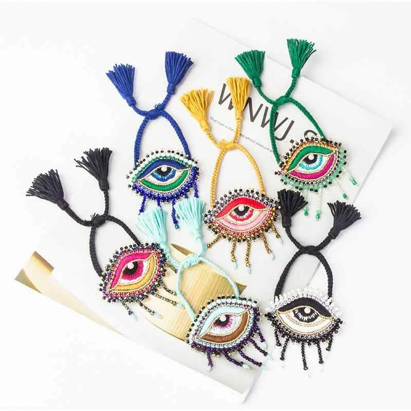 ブレスレット レディース イーブルアイ 悪魔の目 刺繍 手編みコード ボヘミアン タッセル ハンドメイド アクセサリー 手作り 欧米風 ミサンガ お守り エスニック カジュアル 春夏